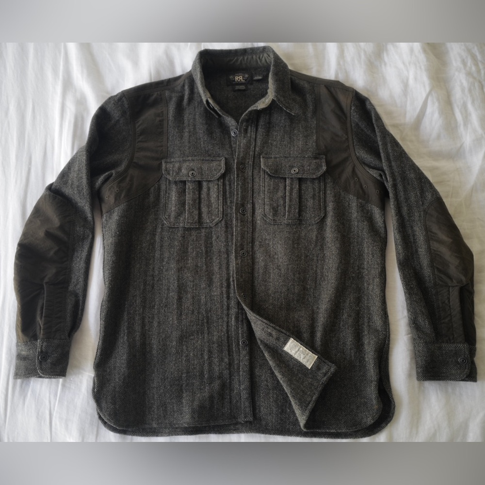 Double RL RRL Herringbone Tweed Oiled Cotton Shirt Jacket L Wool Ralph Lauren